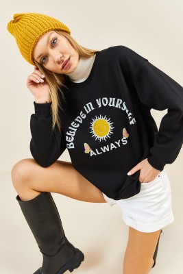 Siyah Baskılı Bisiklet Yaka Sweatshirt 3KXK8-46638-02 - XHAN