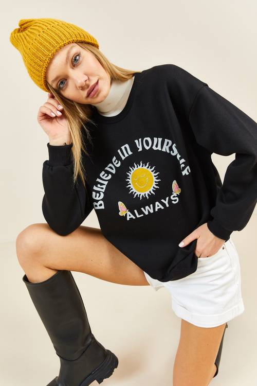 Siyah Baskılı Bisiklet Yaka Sweatshirt 3KXK8-46638-02 - 1