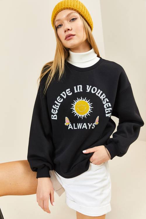 Siyah Baskılı Bisiklet Yaka Sweatshirt 3KXK8-46638-02 - 4