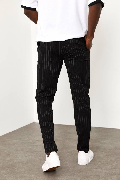 Siyah Beli Bağcıklı Çizgili Kumaş Pantolon 1YXE5-44980-02 - 8