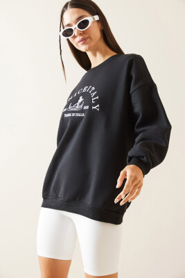 Siyah Bisiklet Yaka Nakışlı Sweatshirt 5KXK8-48979-02 - 3