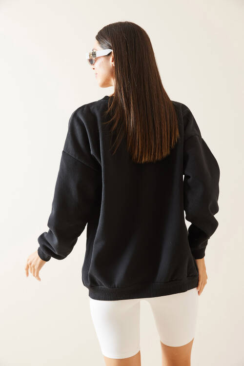 Siyah Bisiklet Yaka Nakışlı Sweatshirt 5KXK8-48979-02 - 6