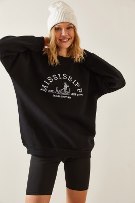 Siyah Bisiklet Yaka & Şardonlu Oversize Sweatshirt 4KXK8-47711-02 - 2