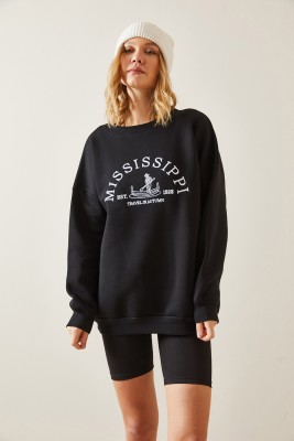 Siyah Bisiklet Yaka & Şardonlu Oversize Sweatshirt 4KXK8-47711-02 - 4