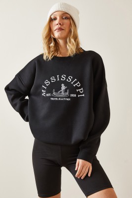 Siyah Bisiklet Yaka & Şardonlu Oversize Sweatshirt 4KXK8-47711-02 - 5