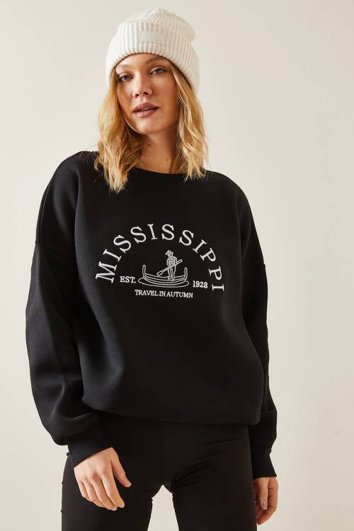 Siyah Bisiklet Yaka & Şardonlu Oversize Sweatshirt 4KXK8-47711-02 - 6