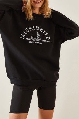 Siyah Bisiklet Yaka & Şardonlu Oversize Sweatshirt 4KXK8-47711-02 - 1