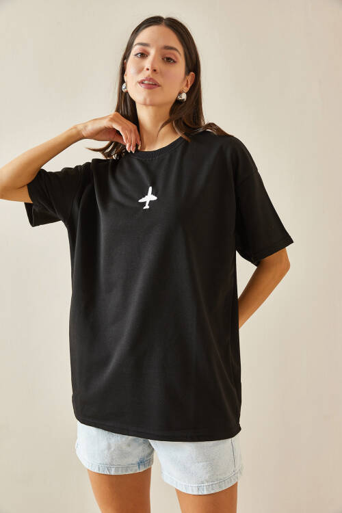 Siyah Bisiklet Yaka Yazılı Oversize Tshirt 5YXK1-48701-02 - 4