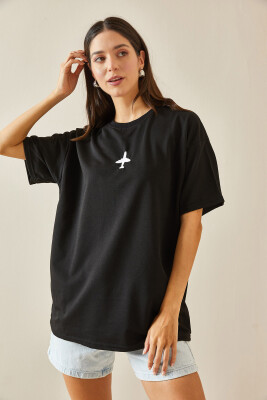 Siyah Bisiklet Yaka Yazılı Oversize Tshirt 5YXK1-48701-02 - 5