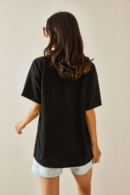 Siyah Bisiklet Yaka Yazılı Oversize Tshirt 5YXK1-48702-02 - 7