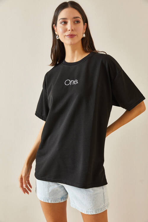 Siyah Bisiklet Yaka Yazılı Oversize Tshirt 5YXK1-48703-02 - 3