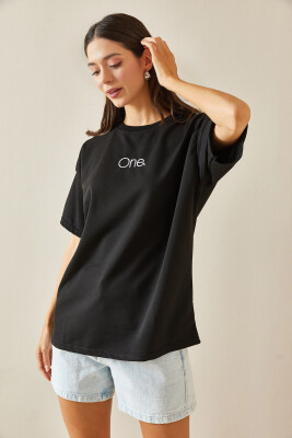 Siyah Bisiklet Yaka Yazılı Oversize Tshirt 5YXK1-48703-02 - 4