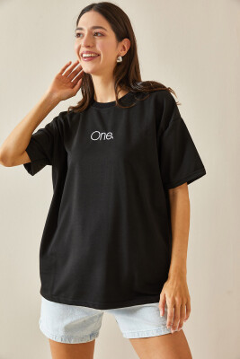 Siyah Bisiklet Yaka Yazılı Oversize Tshirt 5YXK1-48703-02 - 5