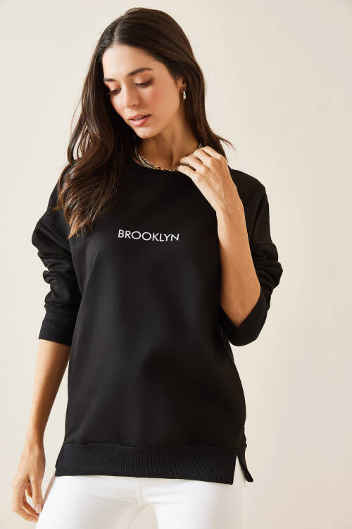 Siyah Brooklyn Basklı Sweatshirt 5KXK8-49027-02 - 2