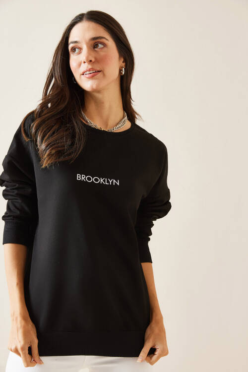 Siyah Brooklyn Basklı Sweatshirt 5KXK8-49027-02 - 3