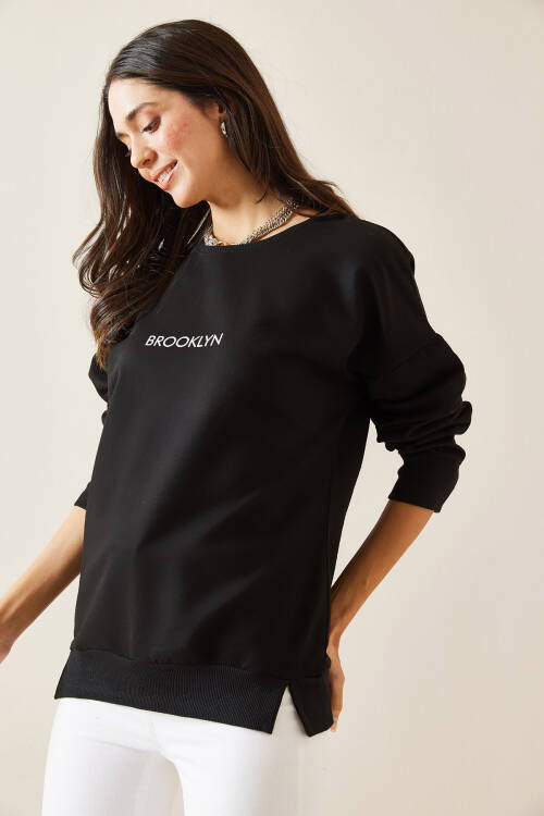 Siyah Brooklyn Basklı Sweatshirt 5KXK8-49027-02 - 4