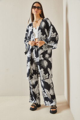 Siyah Çiçek Desenli Kimono Takım 5YXK8-48600-02 - 2