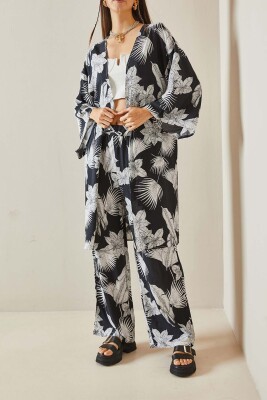 Siyah Çiçek Desenli Kimono Takım 5YXK8-48600-02 - XHAN