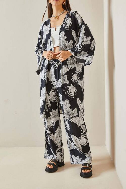 Siyah Çiçek Desenli Kimono Takım 5YXK8-48600-02 - 1