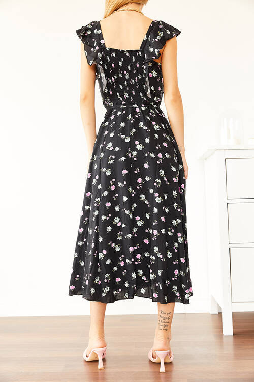 Siyah Çiçek Desenli Midi Elbise 0YXK6-43963-02 - 5