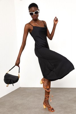 Siyah Degaje Yaka Saten Elbise 1YXK6-45004-02 - 2