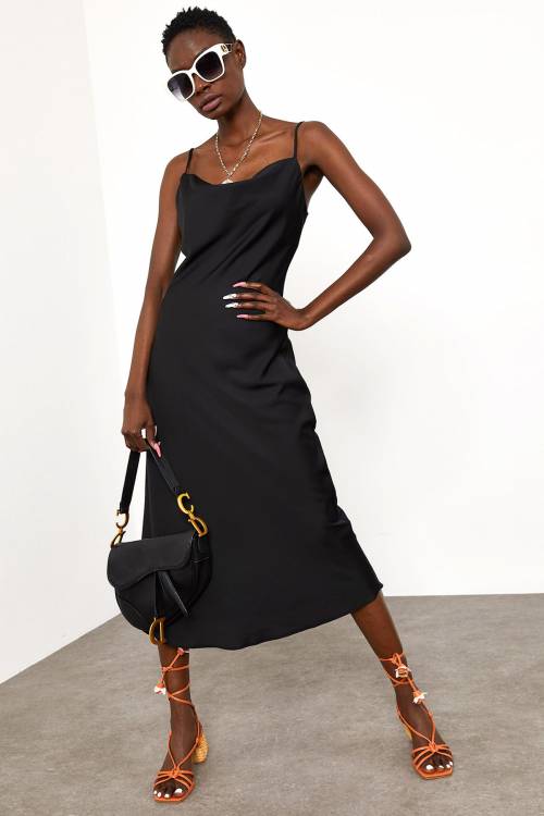 Siyah Degaje Yaka Saten Elbise 1YXK6-45004-02 - 3