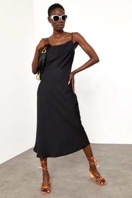 Siyah Degaje Yaka Saten Elbise 1YXK6-45004-02 - 4