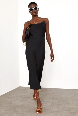Siyah Degaje Yaka Saten Elbise 1YXK6-45004-02 - 5