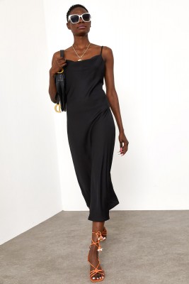 Siyah Degaje Yaka Saten Elbise 1YXK6-45004-02 - 6