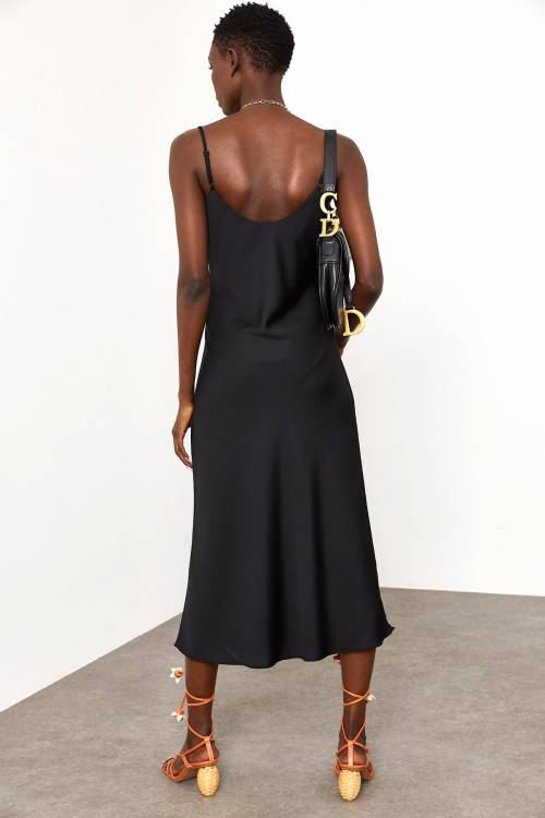 Siyah Degaje Yaka Saten Elbise 1YXK6-45004-02 - 8
