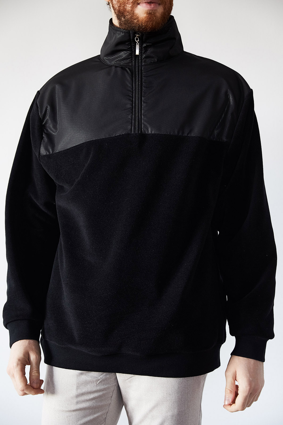 Siyah Deri Garnili Polar Sweatshirt 1KXE8-44233-02 - 2