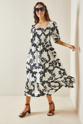 Siyah Desenli Gipe Detaylı Etek Ucu Fırfırlı Örme Elbise 5YXK6-48509-02 - 2