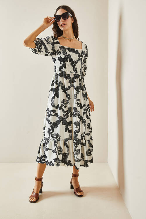 Siyah Desenli Gipe Detaylı Etek Ucu Fırfırlı Örme Elbise 5YXK6-48509-02 - 5