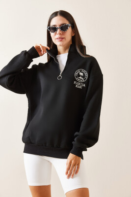 Siyah Dik Yaka Baskılı Sweatshirt 5YXK8-48912-02 - 3