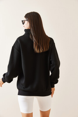 Siyah Dik Yaka Baskılı Sweatshirt 5YXK8-48912-02 - 5