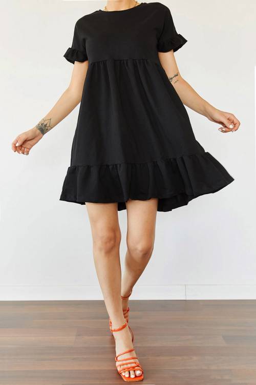 Siyah Etek & Kol Ucu Fırfırlı Elbise 0YZK6-10288-02 - 1