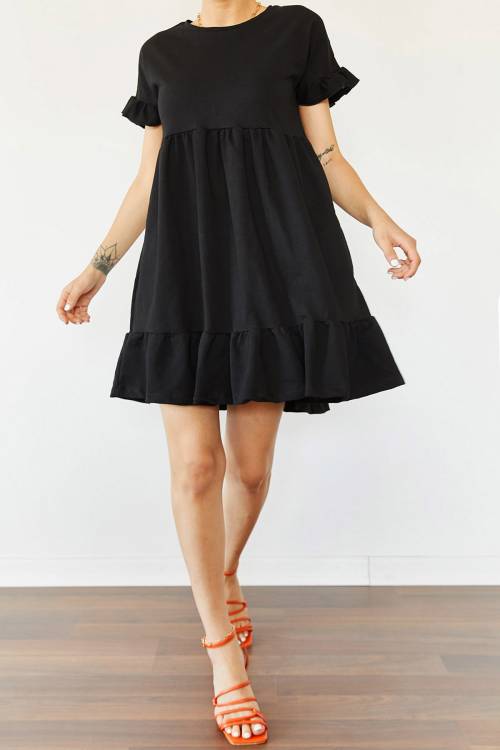 Siyah Etek & Kol Ucu Fırfırlı Elbise 0YZK6-10288-02 - 2
