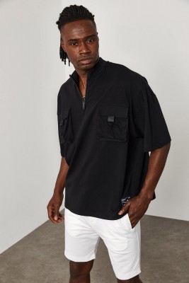 Siyah Fermuar & Cep Detaylı Oversize Tişört 1YXE1-45085-02 - 1