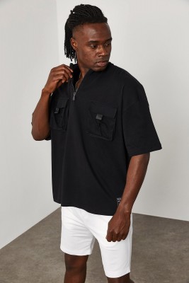 Siyah Fermuar & Cep Detaylı Oversize Tişört 1YXE1-45085-02 - 2