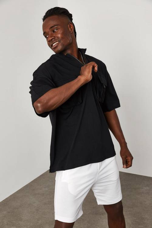 Siyah Fermuar & Cep Detaylı Oversize Tişört 1YXE1-45085-02 - 3