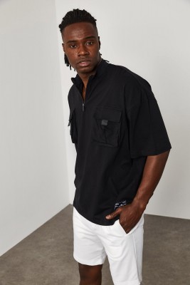 Siyah Fermuar & Cep Detaylı Oversize Tişört 1YXE1-45085-02 - 4
