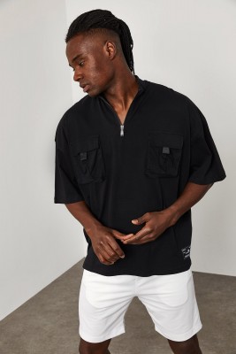 Siyah Fermuar & Cep Detaylı Oversize Tişört 1YXE1-45085-02 - 5
