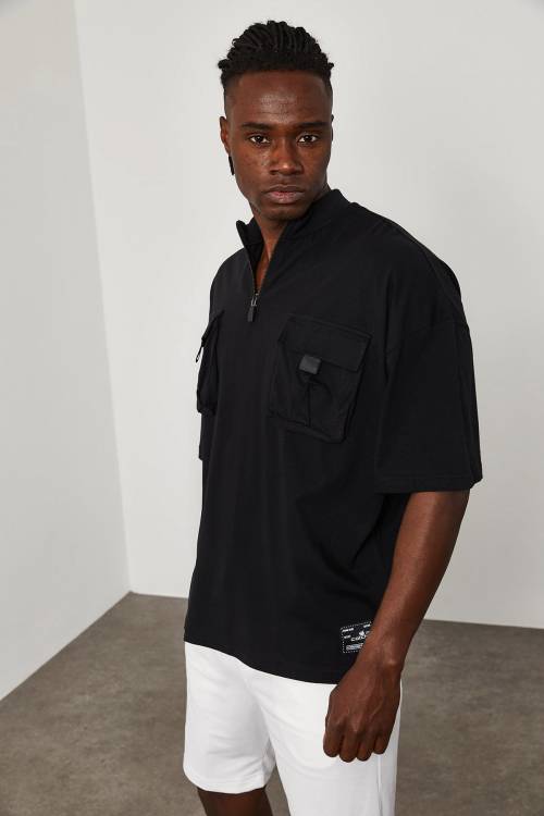 Siyah Fermuar & Cep Detaylı Oversize Tişört 1YXE1-45085-02 - 6