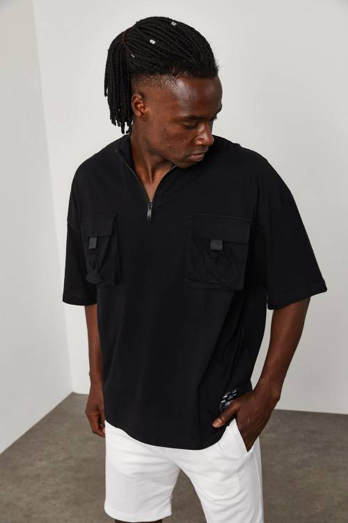 Siyah Fermuar & Cep Detaylı Oversize Tişört 1YXE1-45085-02 - 7