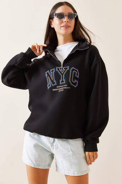 Siyah Fermuarlı Dik Yaka Sweatshirt 5YXK8-48908-02 - 2