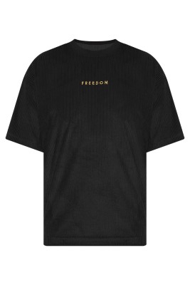 Siyah Freedom Nakışlı Fitilli Oversize Tişört 2YXE2-45986-02 - XHAN
