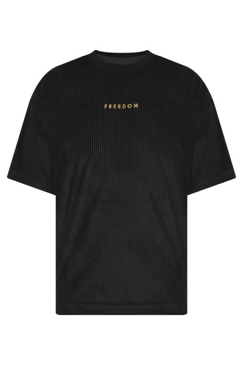 Siyah Freedom Nakışlı Fitilli Oversize Tişört 2YXE2-45986-02 - 1