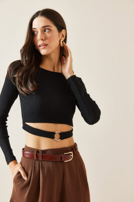 Siyah Halka Detaylı Kaşkorse Crop Bluz 5KXK2-49014-02 - 5