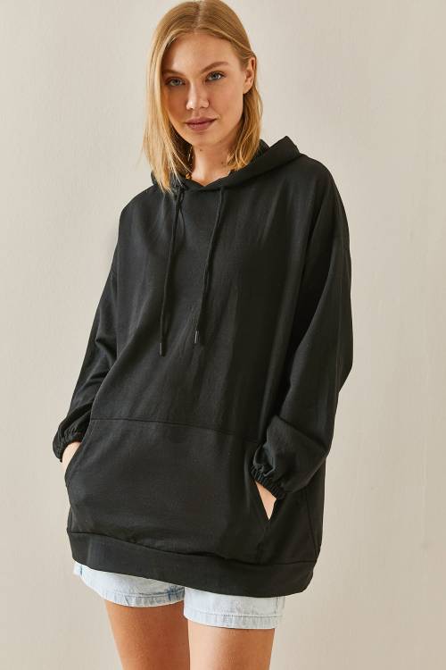 Siyah Kanguru Cepli Oversize Kapüşonlü Sweatshirt 3YXK8-47461-02 - 2