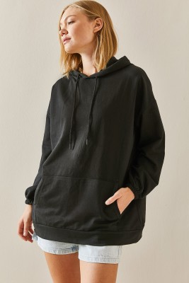 Siyah Kanguru Cepli Oversize Kapüşonlü Sweatshirt 3YXK8-47461-02 - 3